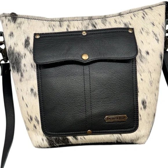AMERICAN BISON Hair in black & cream and Leather Crossbody Shoulder Bag - Picture 10 of 14